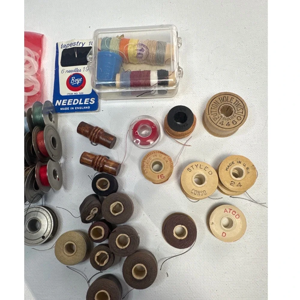 Mixed Vintage Sewing Notions Lot Wood Spools Metal Bobbins Boye Needles Multi